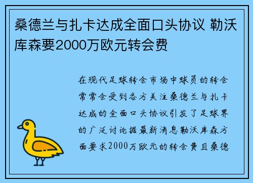 桑德兰与扎卡达成全面口头协议 勒沃库森要2000万欧元转会费