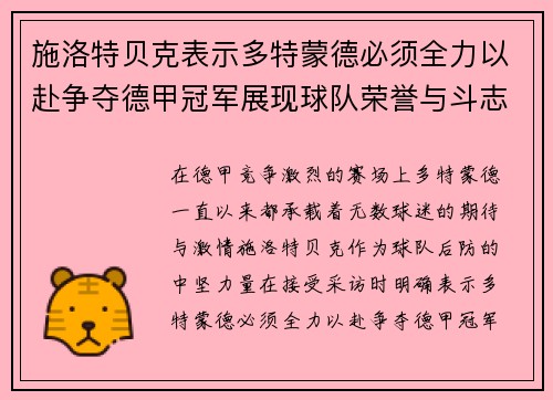 施洛特贝克表示多特蒙德必须全力以赴争夺德甲冠军展现球队荣誉与斗志